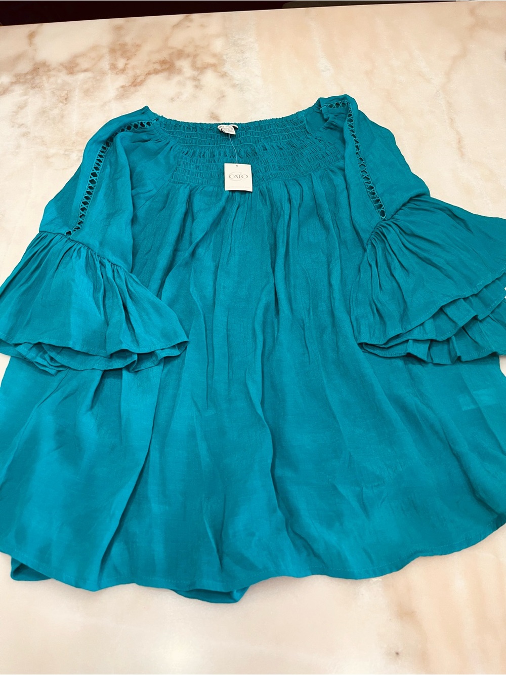 Cato Teal Peasant Top with Ruffled Bell Sleeves